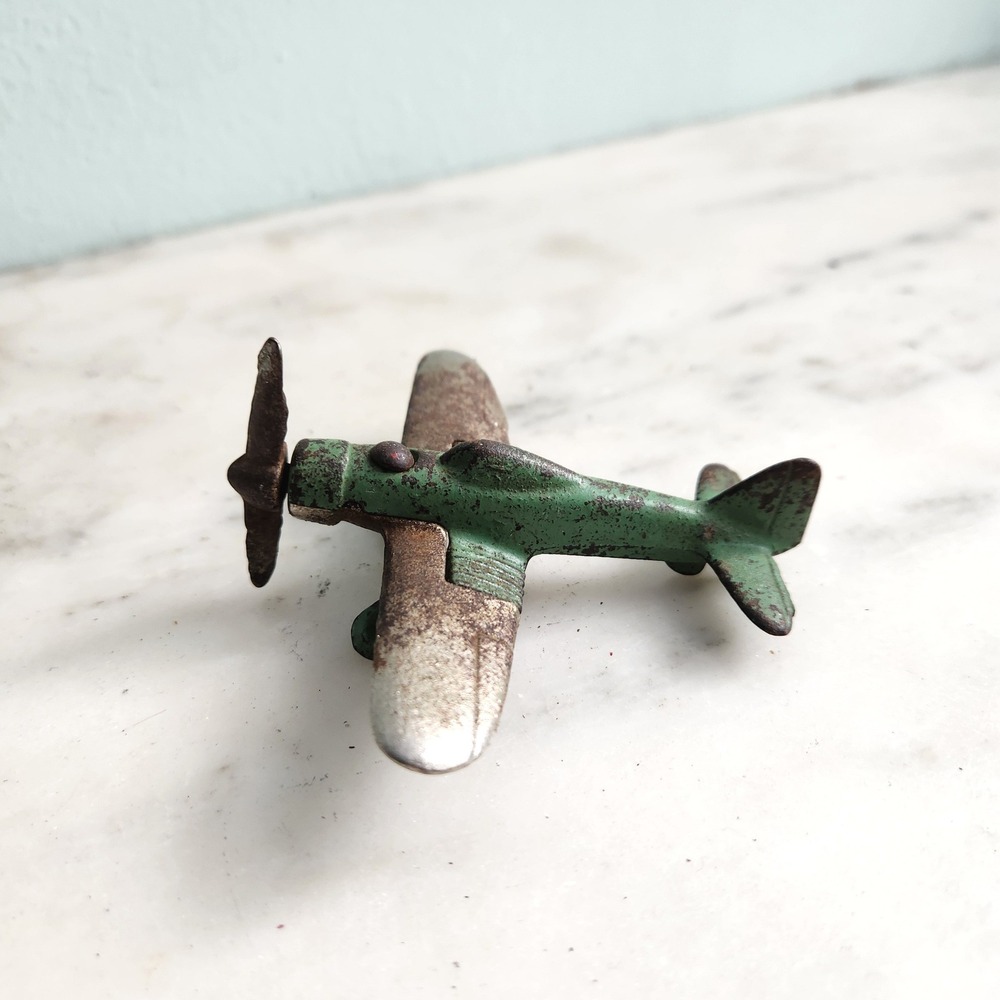 Vintage Hubley Cast Iron Toy Airplane Green Silver Propeller Plane Military‎